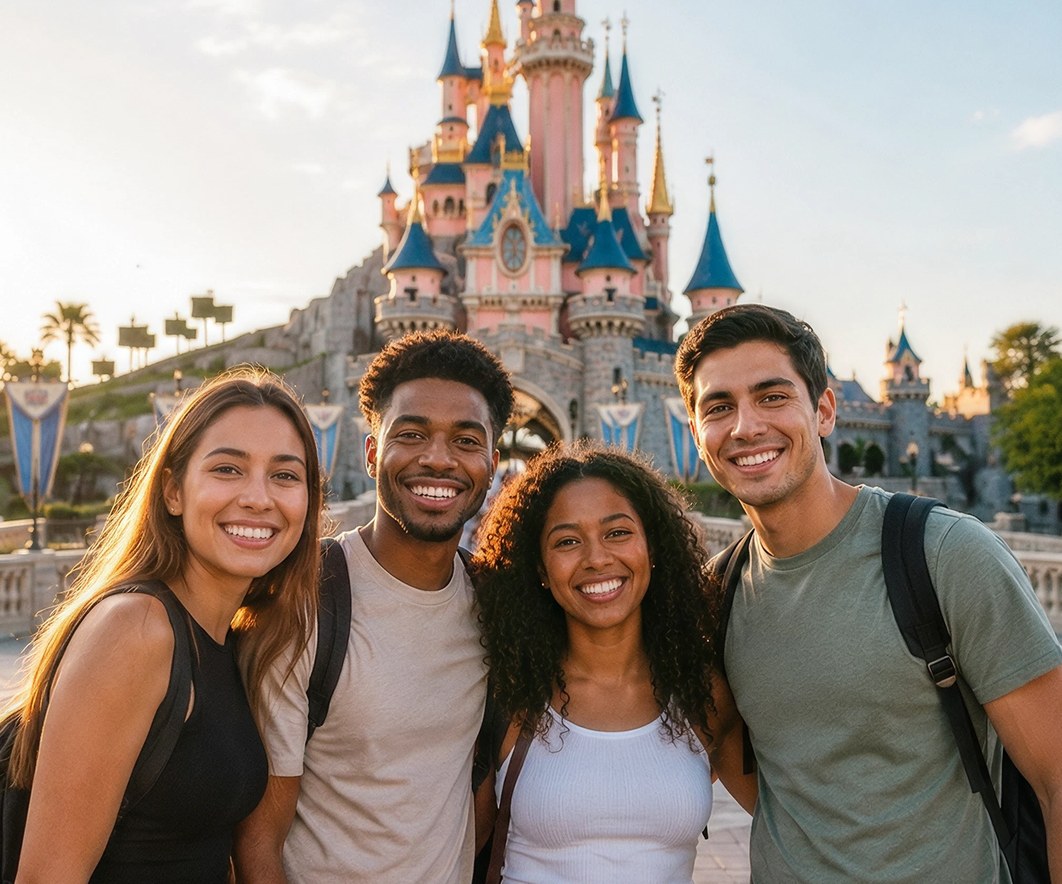 Grupo de jovens diante de um castelo